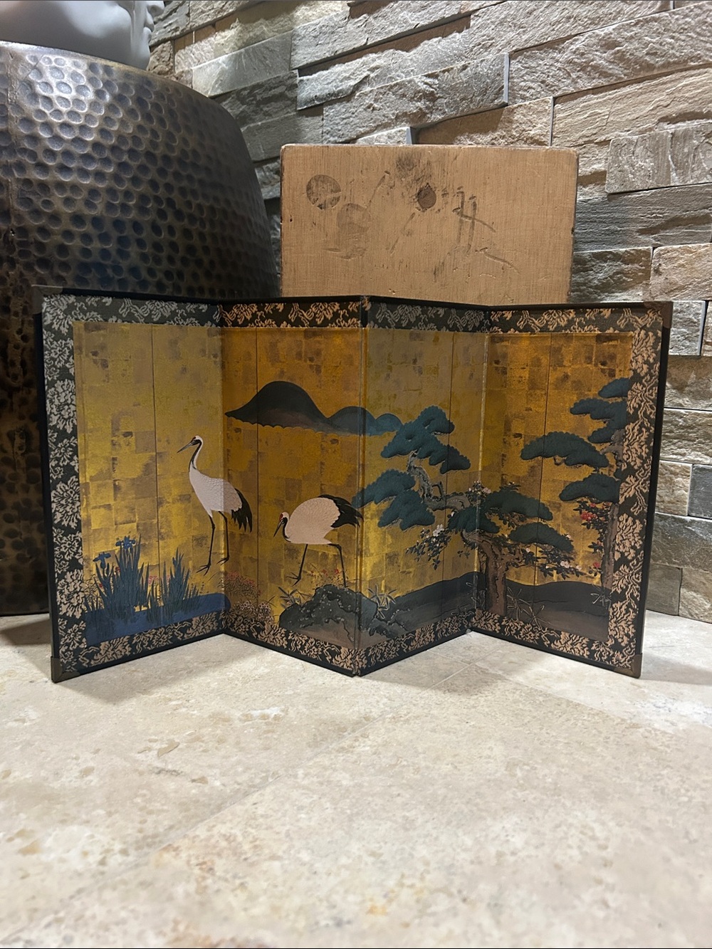 vintage Japaneser miniature four-panel tabletop byobu folding screen